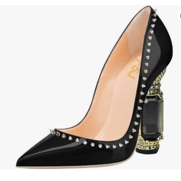 FSJ Black Bridal Pointed Toe High Heel Crystal Pumps Slip on Wedding Shoes - Picture 1 of 8